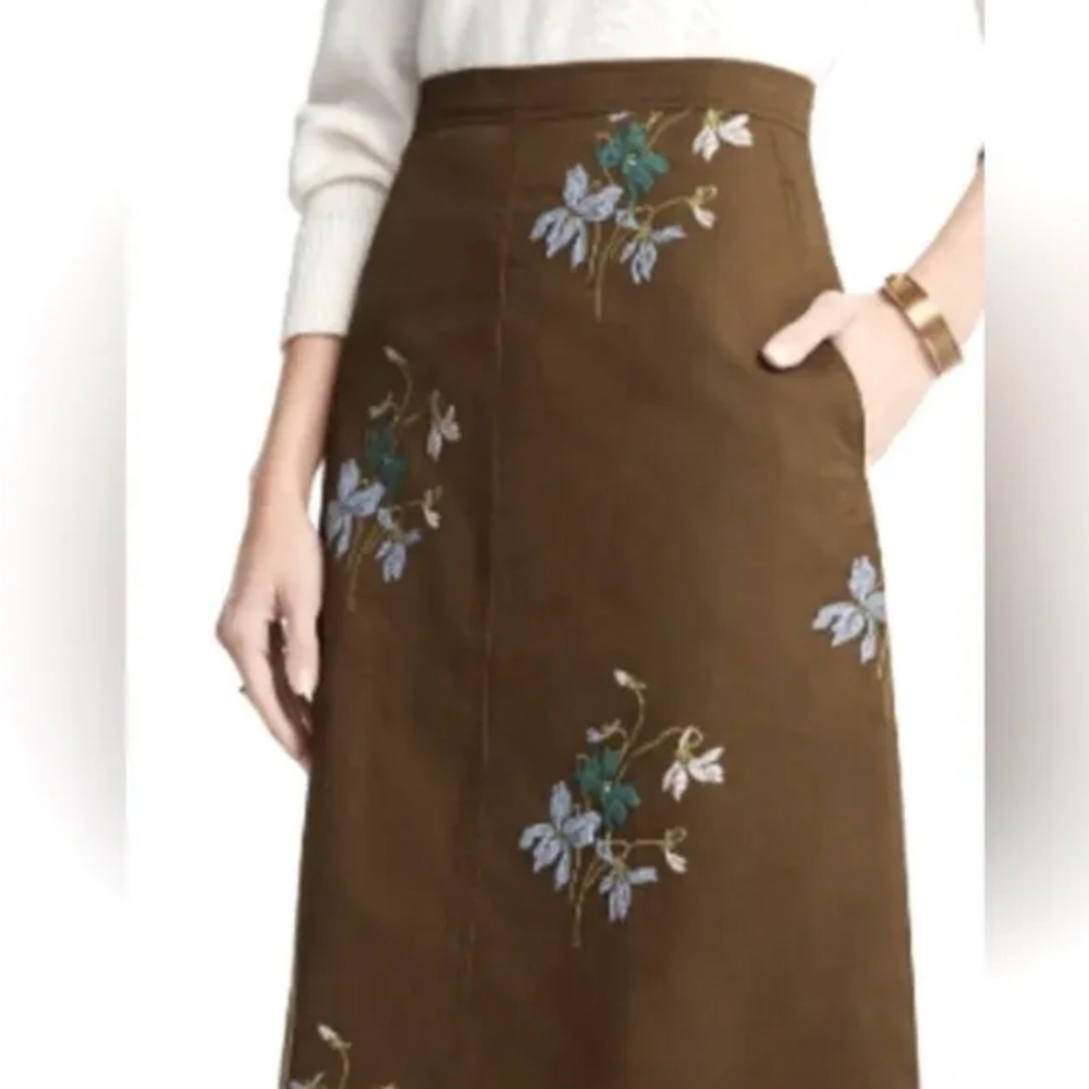 Ann Taylor Embroidered Floral Skirt Women's 4 Green Blue Boho Retro Cottagecore